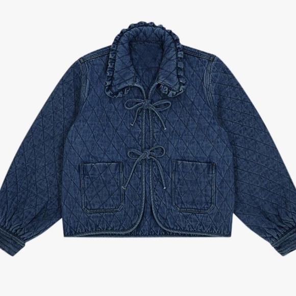 Quilted Denim Jacket with Tie Front & Ruffle Collar – Size Small - Picture 5 of 5